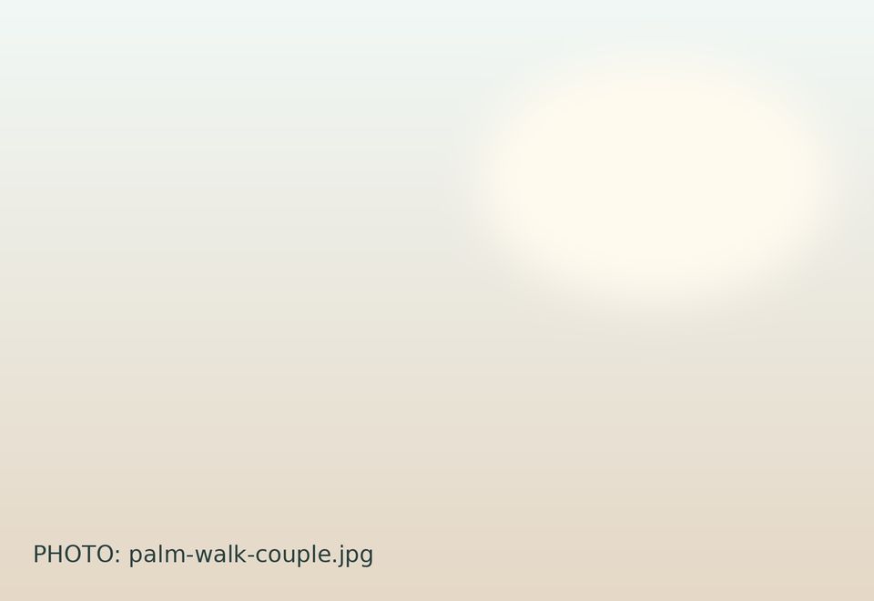 Couple sharing a quiet moment on a palm-lined walkway